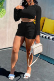 Black Fashion Casual Solid Backless Strap Design O Neck Long Sleeve Two Pieces