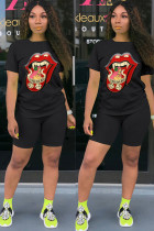 Black Fashion adult Ma'am Street Print Two Piece Suits Straight Short Sleeve Two Pieces