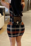 Orange Gray Casual Plaid Patchwork U Neck Pencil Skirt Dresses