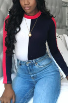 Red Street Solid Patchwork O Neck Tops