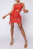 Rose Red Fashion Sexy Print Backless Spaghetti Strap Sleeveless Two Pieces