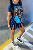 Blue Casual Black Short Sleeves O neck cake dress Knee-Length Print Dresses