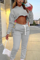 Grey Casual Solid Patchwork Hooded Collar Long Sleeve Regular Sleeve Short Two Pieces