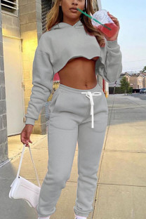 Grey Casual Solid Patchwork Hooded Collar Long Sleeve Regular Sleeve Short Two Pieces