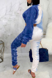 Blue Casual Print Patchwork Zipper Collar Long Sleeve Two Pieces
