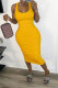 Yellow Fashion Sexy adult White Red Black Yellow Tank Sleeveless Square Step Skirt Mid-Calf Patchwork bandage Solid hollow out Dresses