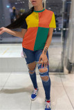 Blue Fashion Casual Patchwork Basic O Neck T-Shirts