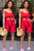 Red Fashion Sexy Solid Two Piece Suits Slim fit asymmetrical Regular Sleeveless Two-Piece Sho