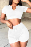 Red Fashion Casual Solid Basic V Neck Short Sleeve Two Pieces