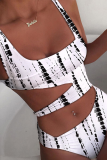 Rose Red Sexy Print Hollowed Out Patchwork Swimwears
