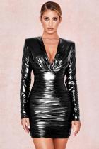 Black adult Sexy Fashion Cap Sleeve Long Sleeves V Neck Step Skirt Mini Draped chain Fluorescent