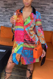 Red British Style Print Turndown Collar Long Sleeve Knee Length Dresses