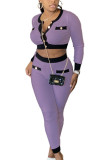 purple Street Geometric Patchwork O Neck Long Sleeve Regular Sleeve Short Two Pieces