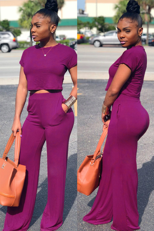 fuchsia Casual Fashion Slim fit crop top Solid Two Piece Suits Straight