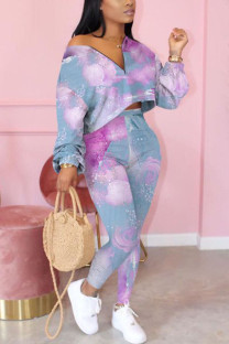 Silver Fashion adult Ma'am OL Print Two Piece Suits pencil Long Sleeve Two Pieces