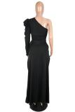Black One Shoulder Collar Long Sleeve Solid Draped asymmetrical