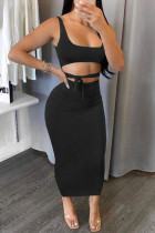 Black Fashion Sexy Solid Backless Strap Design U Neck Sleeveless Two Pieces