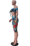 Orange Sexy Print Patchwork Off the Shoulder Short Sleeve Two Pieces