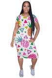 multicolor Fashion adult Street multicolor Cap Sleeve Short Sleeves O neck Step Skirt Knee-Length Print Patchwork bandage Dresses