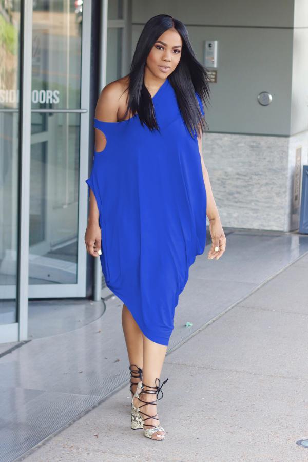 Royal blue Street One Shoulder Short Sleeves one shoulder collar Lantern skirt Mid-Calf Solid Club D