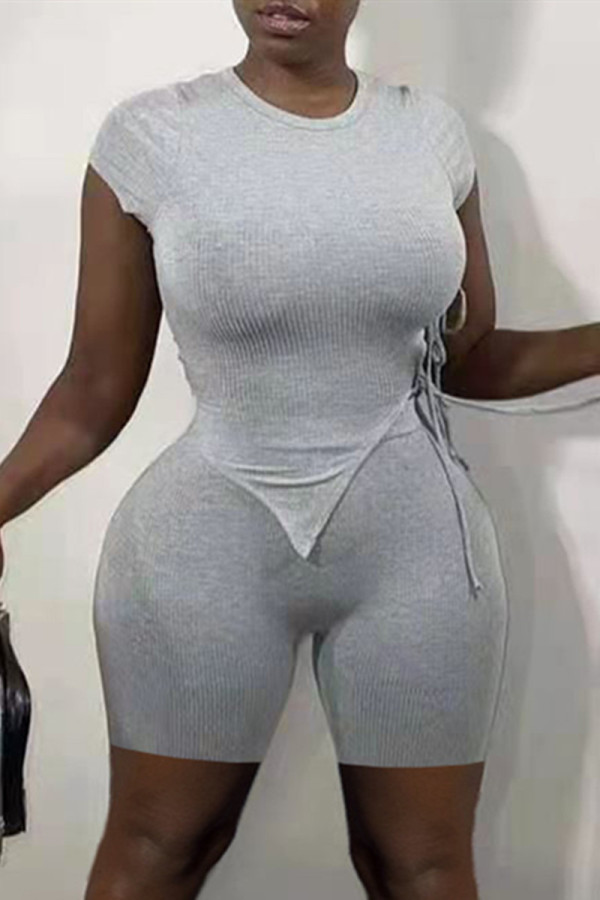 Grey Fashion Casual Solid Asymmetrical O Neck Short Sleeve Two Pieces