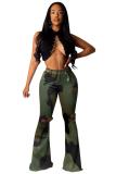 Beige Zipper Fly Sleeveless Mid Old Zippered washing camouflage Boot Cut Pants