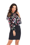 Black Fashion Long Sleeves O neck Straight Mini lace Patchwork Print 