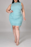 Blue Fashion Casual Plus Size Solid Fold O Neck Sleeveless Dress