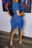 Blue Fashion Sexy Solid See-through Turndown Collar Short Sleeve Two Pieces