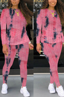 Rose Red Casual Gradual Change Print Tie Dye Patchwork O Neck Long Sleeve Two Pieces