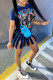 Blue Casual Black Short Sleeves O neck cake dress Knee-Length Print Dresses