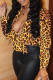 Leopard Print Street Print Patchwork Buckle Turndown Collar Tops