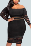 Red Sexy Solid Ripped Patchwork Bateau Neck Long Sleeve Knee Length Pencil Skirt Dresses