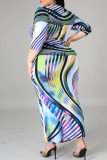 Multicolor Fashion Casual Plus Size Print Basic V Neck Dress