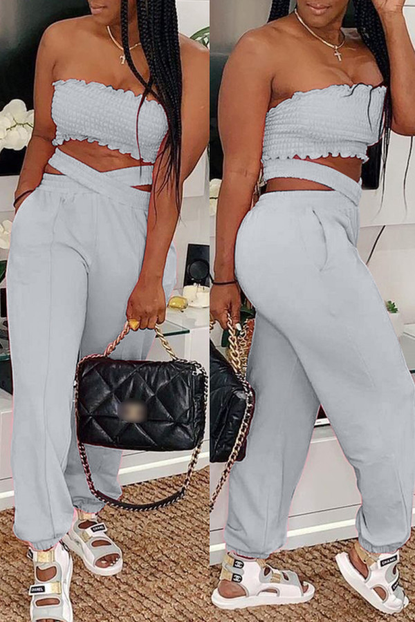 Grey Casual Sportswear Solid Backless Strapless Sleeveless Two Pieces