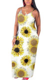 White Fashion Street White Brown Yellow Spaghetti Strap Sleeveless V Neck Pencil Dress Floor-Length Print Floral Animal Dresses