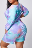 Blue Fashion adult Street V Neck Patchwork Print Two Piece Suits Stitching Plus Size