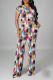 Black Sexy Print Patchwork O Neck Short Sleeve Two Pieces