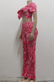 Rose Red Sexy Print Patchwork V Neck Short Sleeve Two Pieces