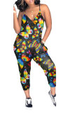 Black Fashion street Print Patchwork Hollow Sleeveless Slip Jumpsuits