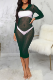 Pink Sexy Solid Mesh V Neck Pencil Skirt Dresses