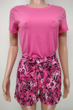 Green Casual Print Patchwork O Neck Short Sleeve Two Pieces