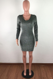 Grey Sexy Solid Hollowed Out V Neck Wrapped Skirt Dresses