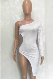 White Fashion Sexy Solid Backless Oblique Collar Irregular Dress
