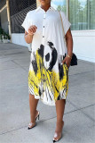 Pink Fashion Casual Print Asymmetrical Turndown Collar Shirt Dress
