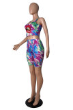 Blue Fashion Casual adult Patchwork Print Tie Dye Burn-out Two Piece Suits Lips Print pencil Sleeveless Two Pieces
