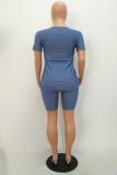 Blue Casual Fashion diamonds Solid Two Piece Suits Slim fit Regular Short Sleeve Two-Piece Sho