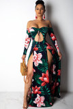 Red Sexy Fashion Off The Shoulder Long Sleeves Wrapped chest Step Skirt Ankle-Length Print split Patchwo