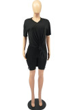 Black Fashion Casual Solid Slit V Neck Short Sleeve Two Pieces