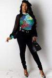 Brown O Neck Long Sleeve Print Patchwork